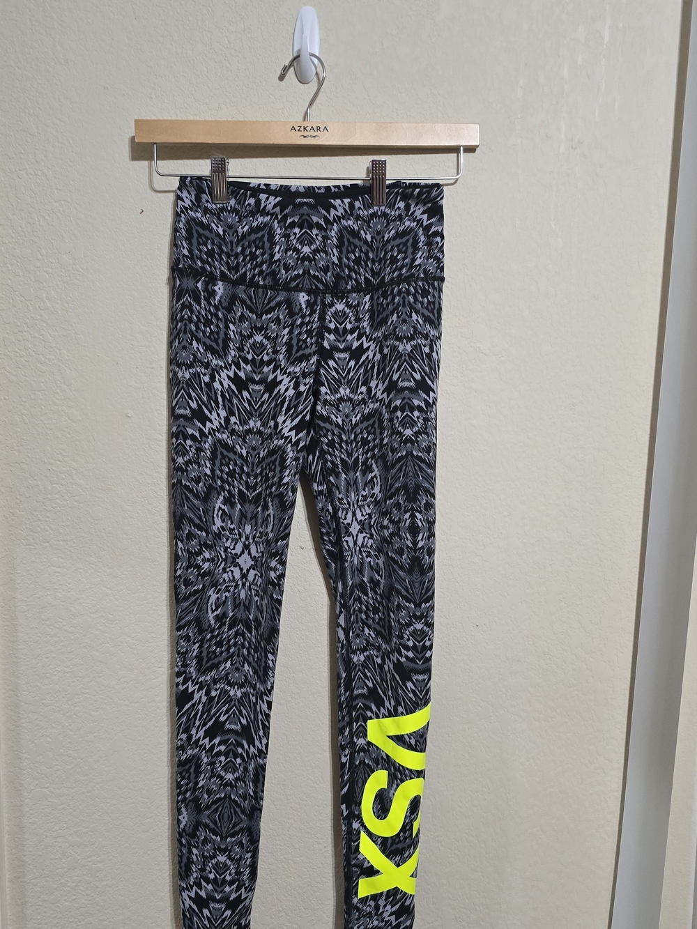 Victoria's Secret Womens Black & Gray Pattern Leggings with Neon Yellow Logo